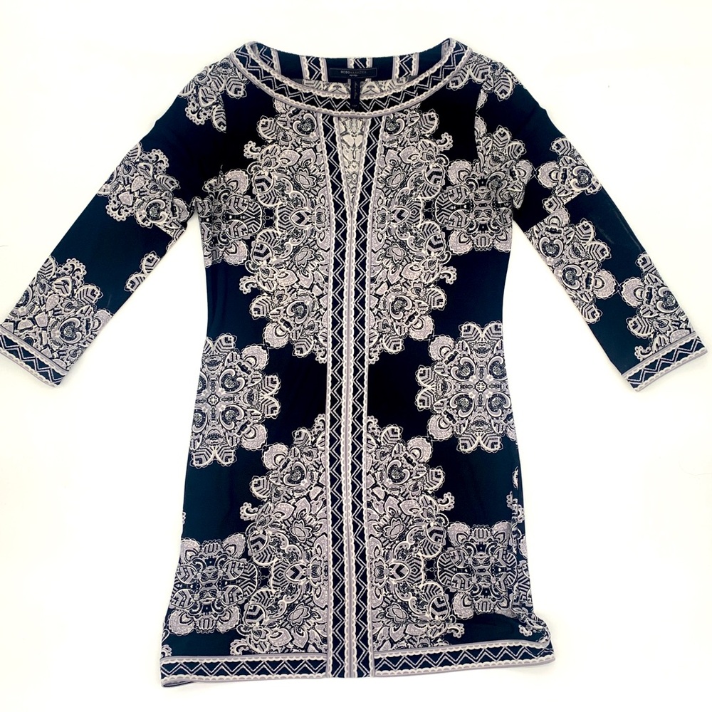 BCBG Max Azria Black and Grey Mid-Length Sleeve Short Sress Size XS Petite